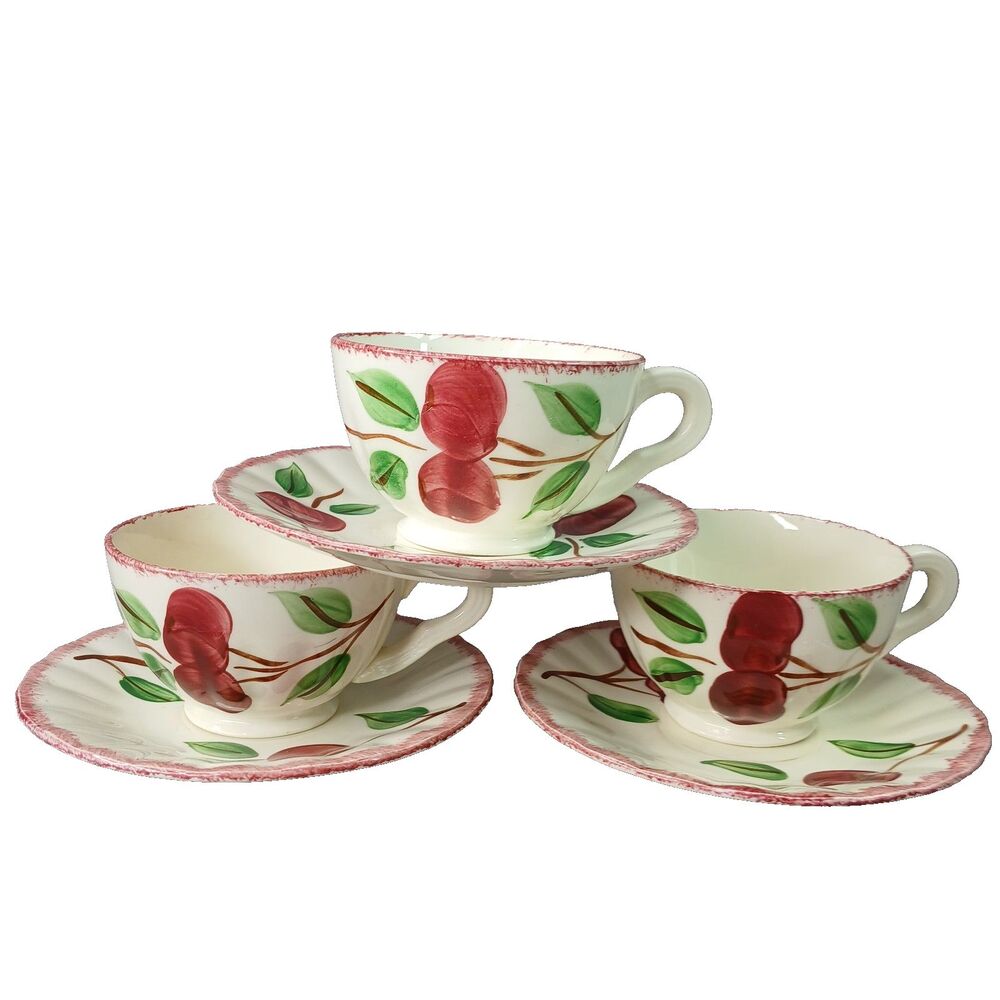 4 Blue Ridge Southern Pottery 3 Cups and Saucer Sets Vintage Crab Apple